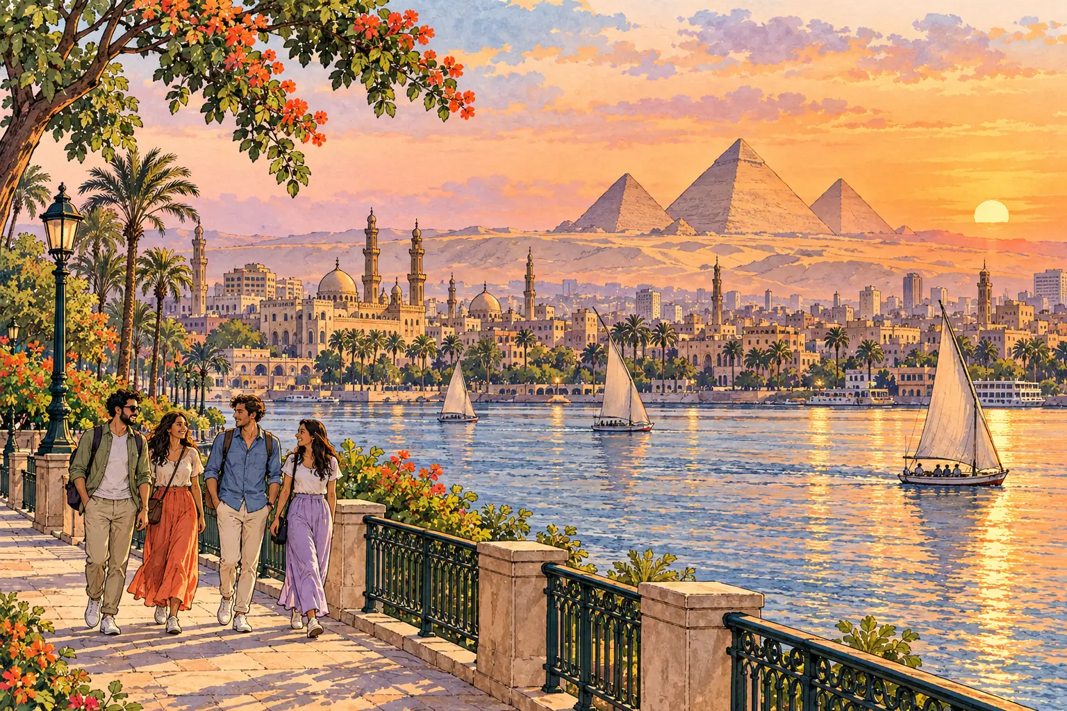 A hand-drawn Cairo riverside view with the Giza pyramids beyond the Nile and city skyline.