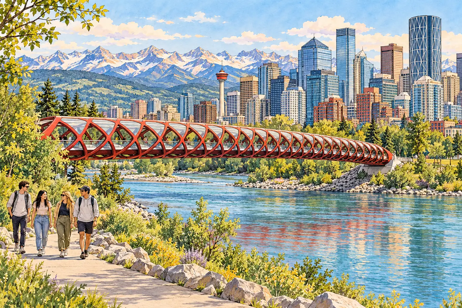 A hand-drawn Calgary riverfront with Peace Bridge, downtown and Rocky Mountain foothills.