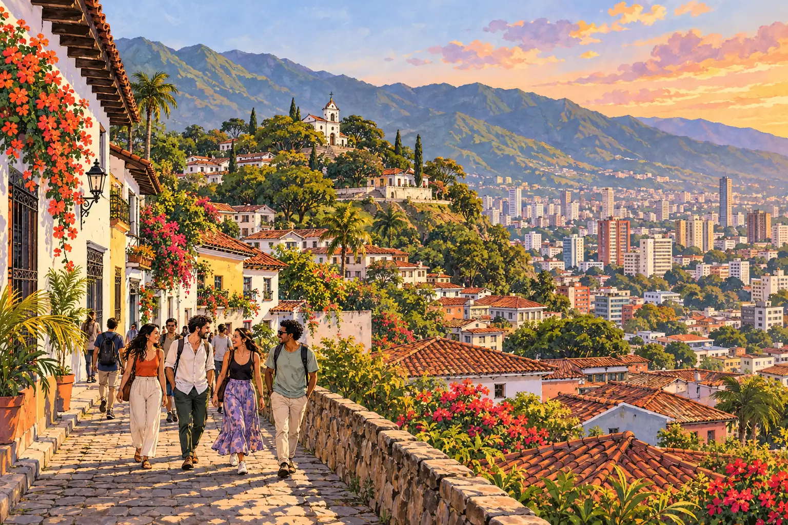 A hand-drawn view of Cali’s San Antonio hillside, colorful homes and Andean backdrop.