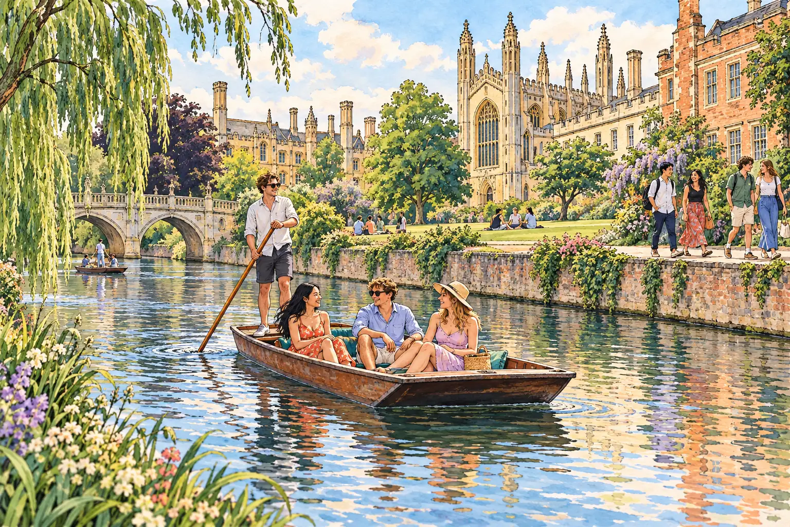 A hand-drawn view of the River Cam and Cambridge College Backs, with young adults riding a punt.