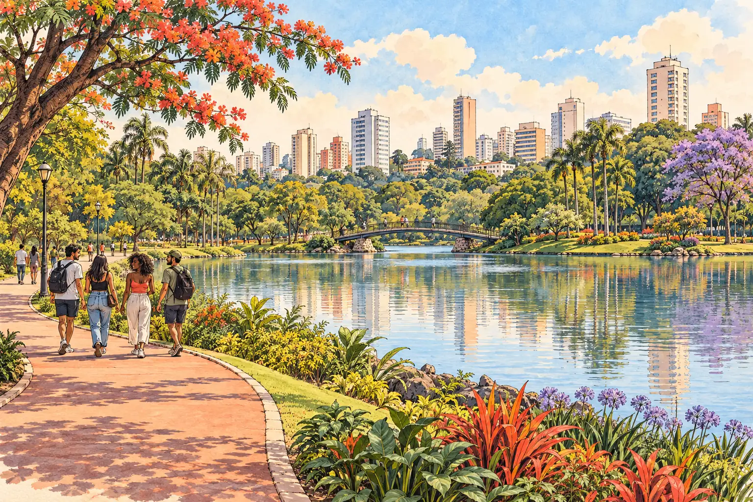 A hand-drawn view of Campinas’s Lagoa do Taquaral, with lake, footbridge and parkland.