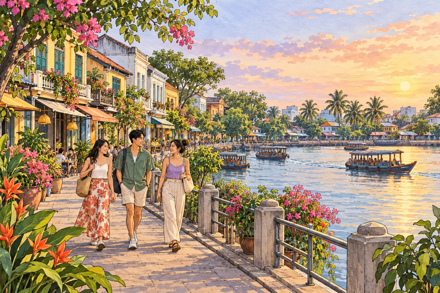 A hand-drawn view of Cần Thơ, with local streets, greenery and young adults together.