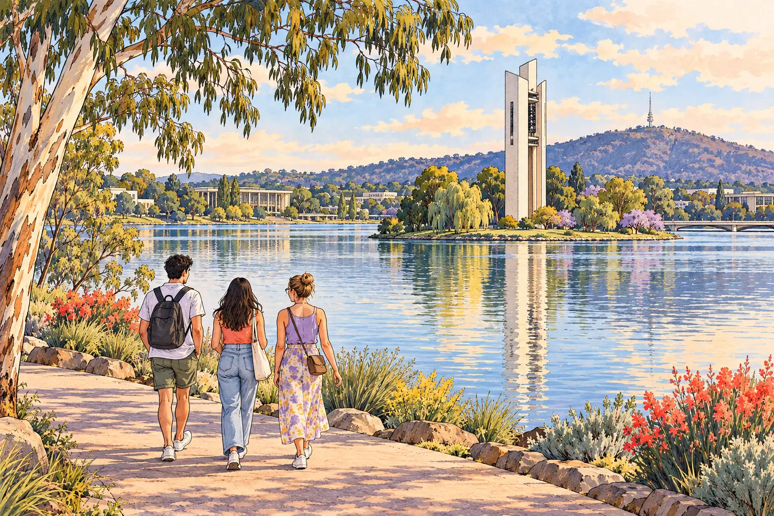 A hand-drawn view of Canberra’s National Carillon on Lake Burley Griffin.