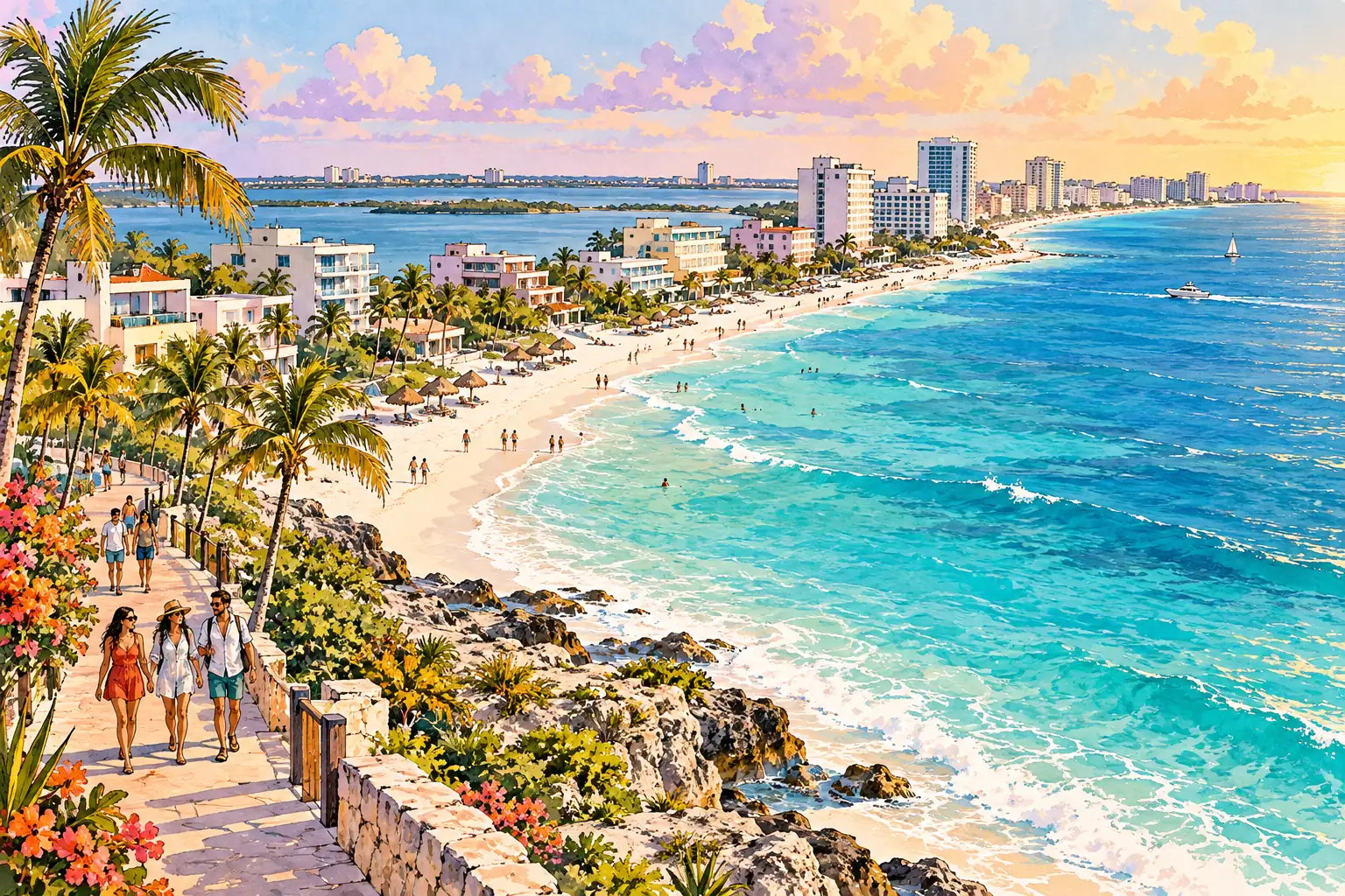 A hand-drawn generic view of Cancún’s Caribbean coast, with young adults walking along a palm-lined beach promenade.