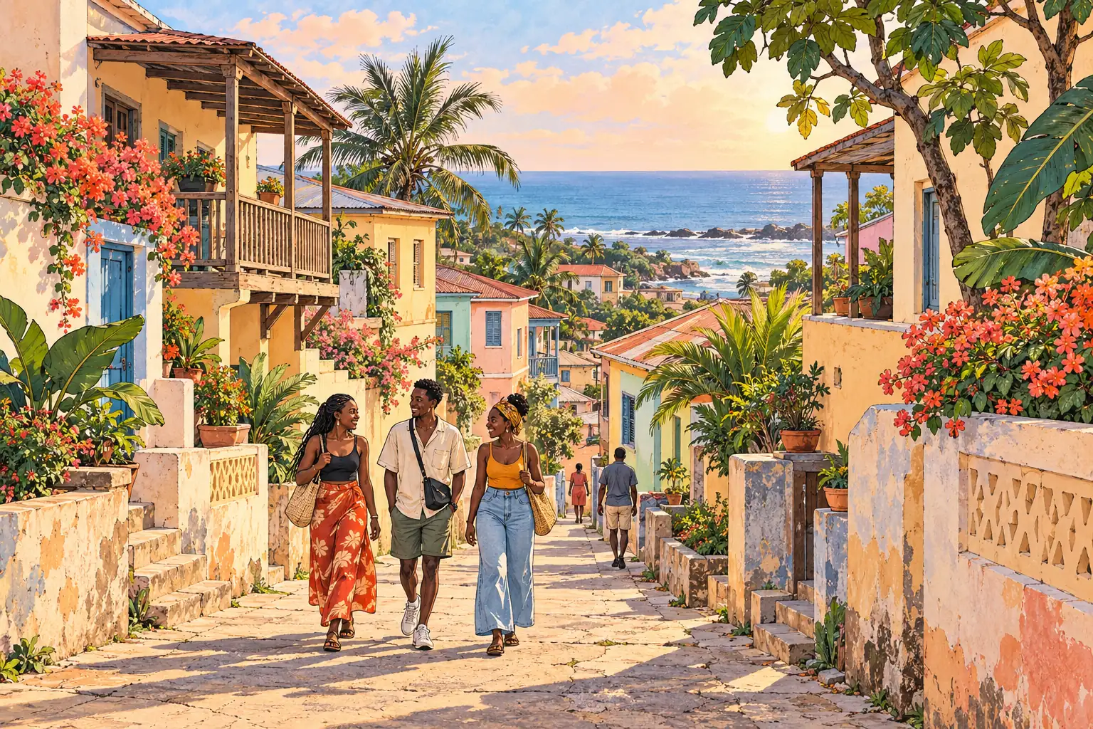 A hand-drawn Cape Coast neighborhood with pastel verandah homes, tropical greenery and young adults walking together.