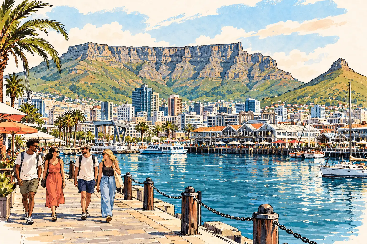 A hand-drawn Cape Town view with Table Mountain above the waterfront and young adults strolling by the harbor.