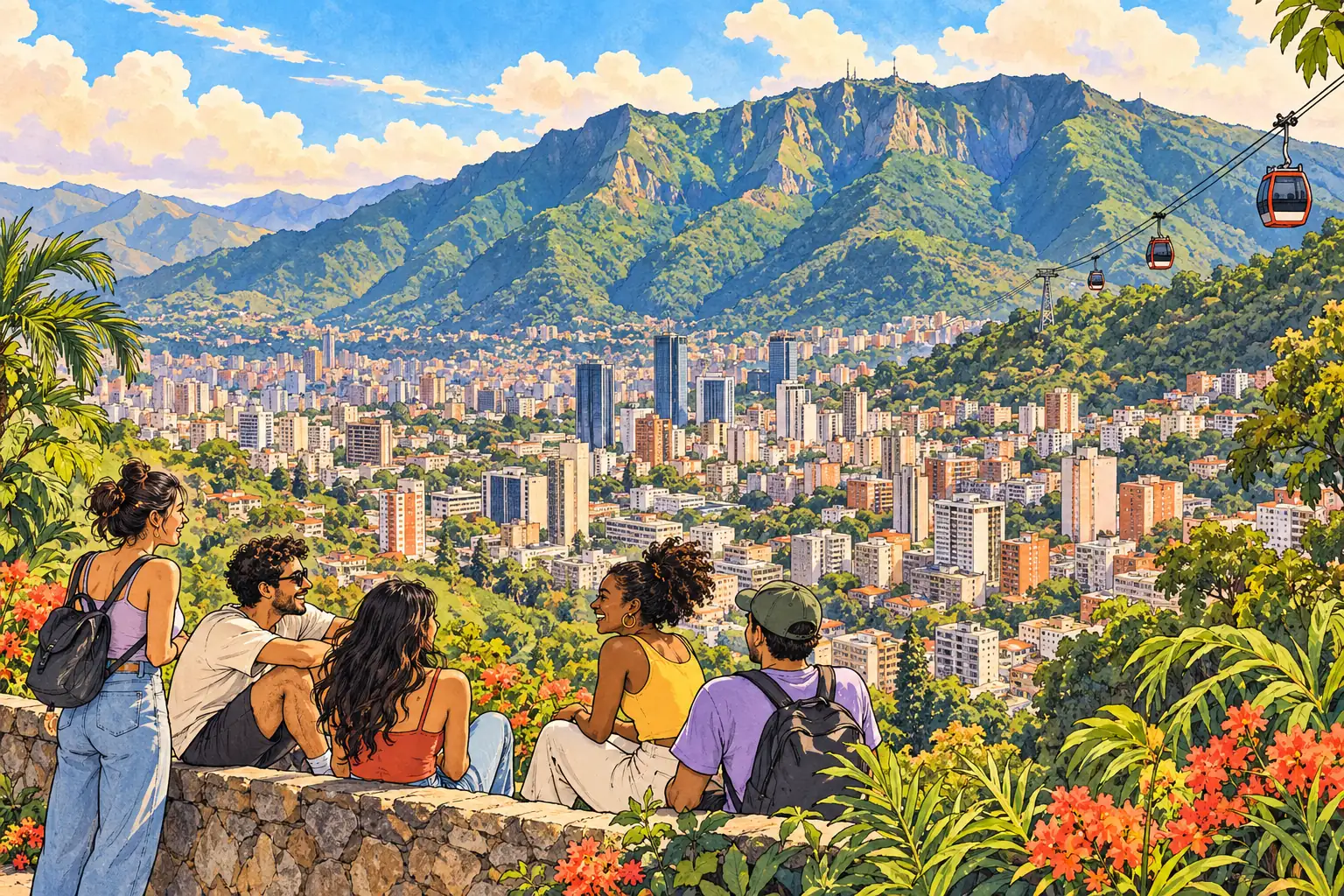 A hand-drawn view of Caracas below Waraira Repano, with cable cars crossing the mountain.