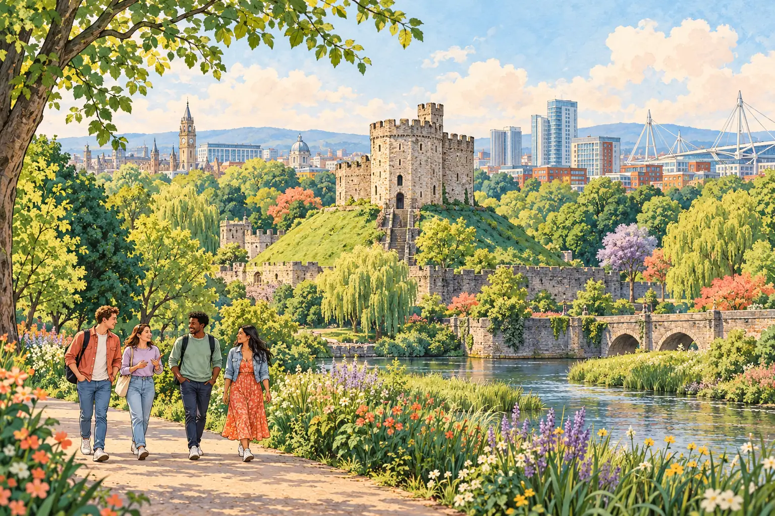 A hand-drawn view of Cardiff Castle and leafy Bute Park, with young adults strolling on the park path.