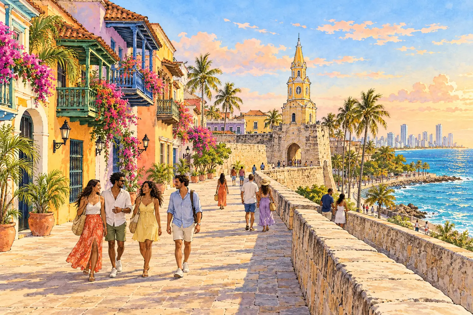 A hand-drawn view of Cartagena’s Walled City, with colorful colonial balconies and young adults walking along the Caribbean waterfront.