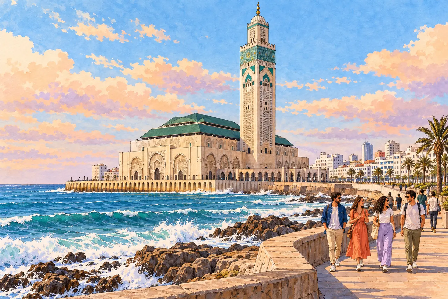 A hand-drawn Casablanca waterfront with Hassan II Mosque beside the Atlantic coast.
