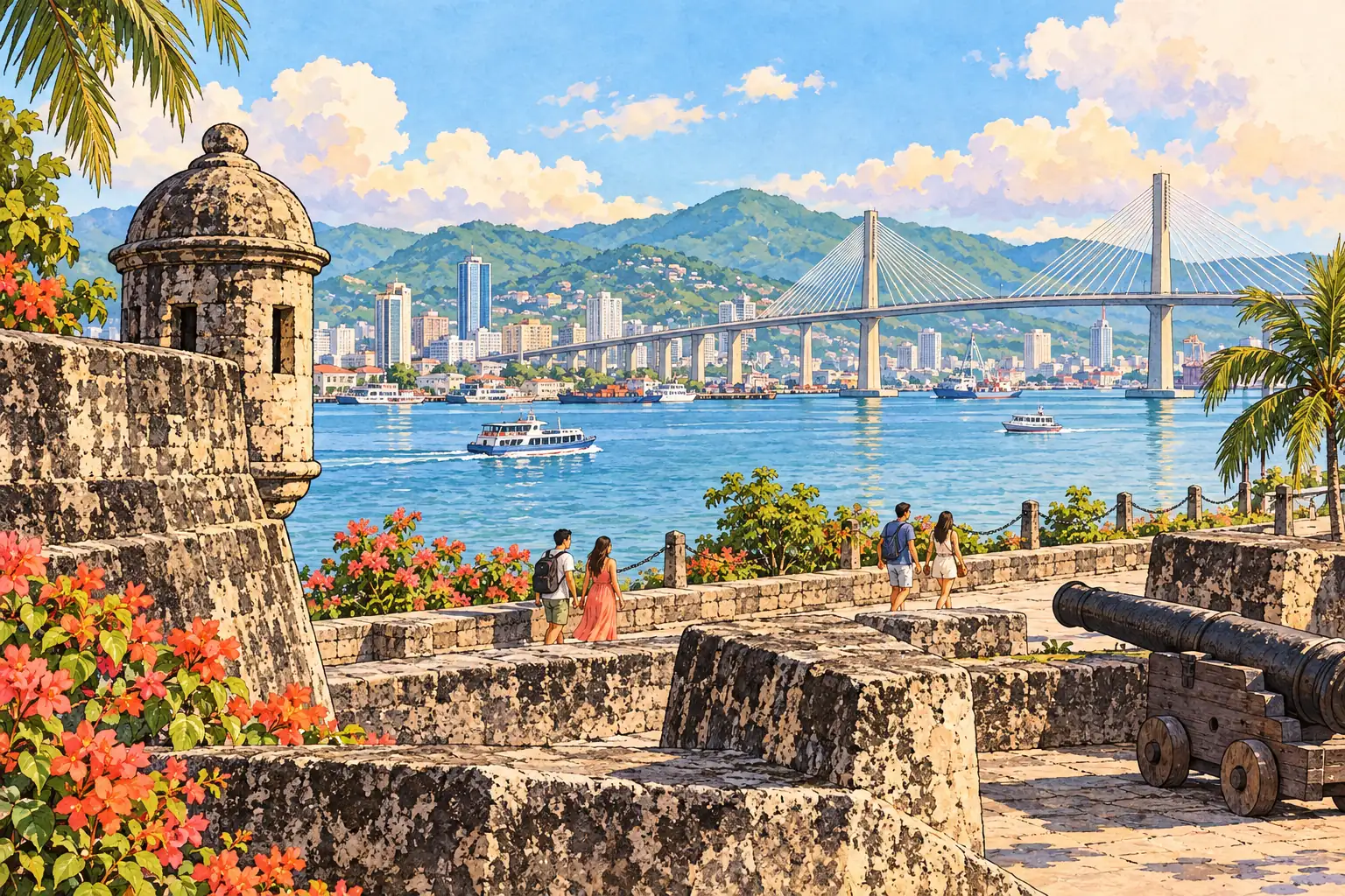 A hand-drawn Cebu harbor view from Fort San Pedro with the Cebu-Cordova bridge and green hills.