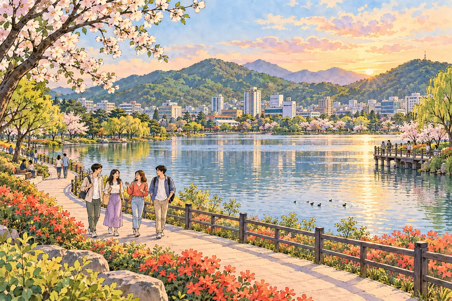 A hand-drawn generic view of Changwon’s lakeside park, with young adults walking beside the water beneath spring blossoms.