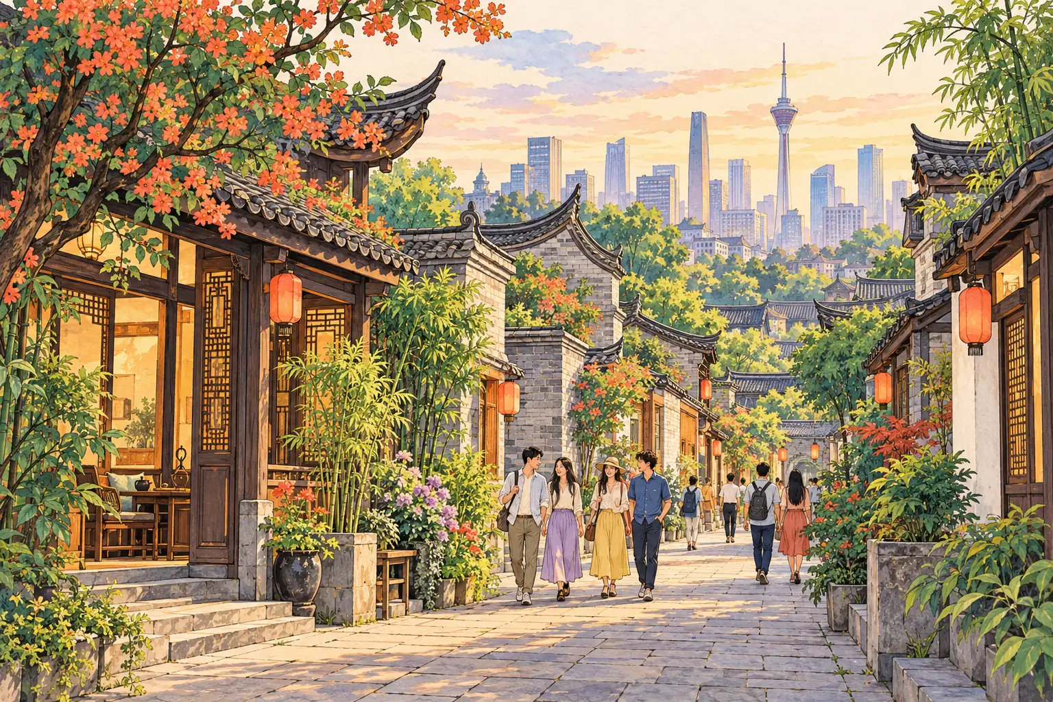 A hand-drawn Chengdu street with traditional tiled roofs and the modern skyline beyond.