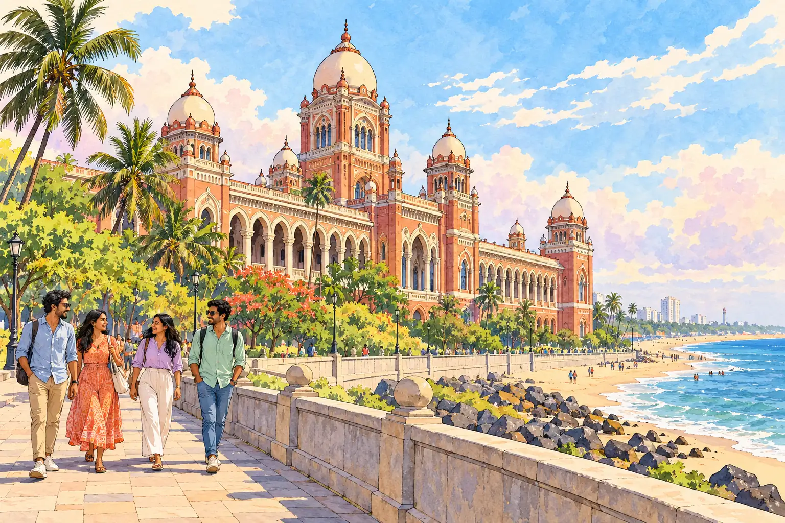 A hand-drawn Chennai scene with the domed Senate House beside Marina Beach.