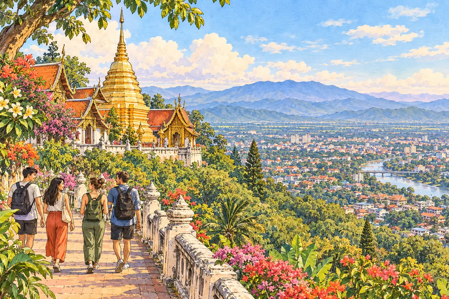 A hand-drawn Chiang Mai view with Doi Suthep above the city and young adults on a hillside path.