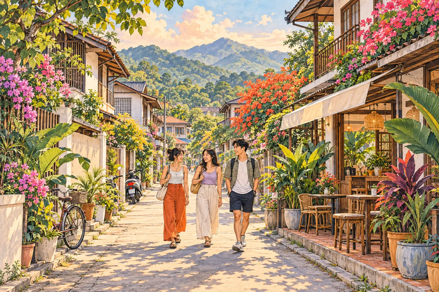 A hand-drawn Chiang Rai streetscape with timber verandas, tropical plants, green foothills and young adults walking together.