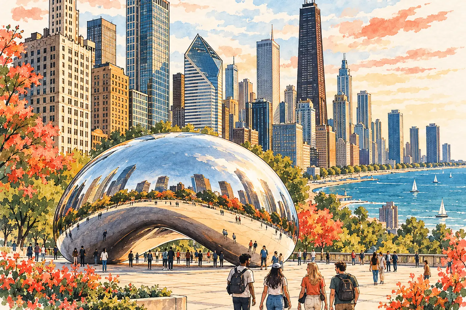 A hand-drawn view of Chicago with Cloud Gate and the Lake Michigan skyline, and young adults in the park.