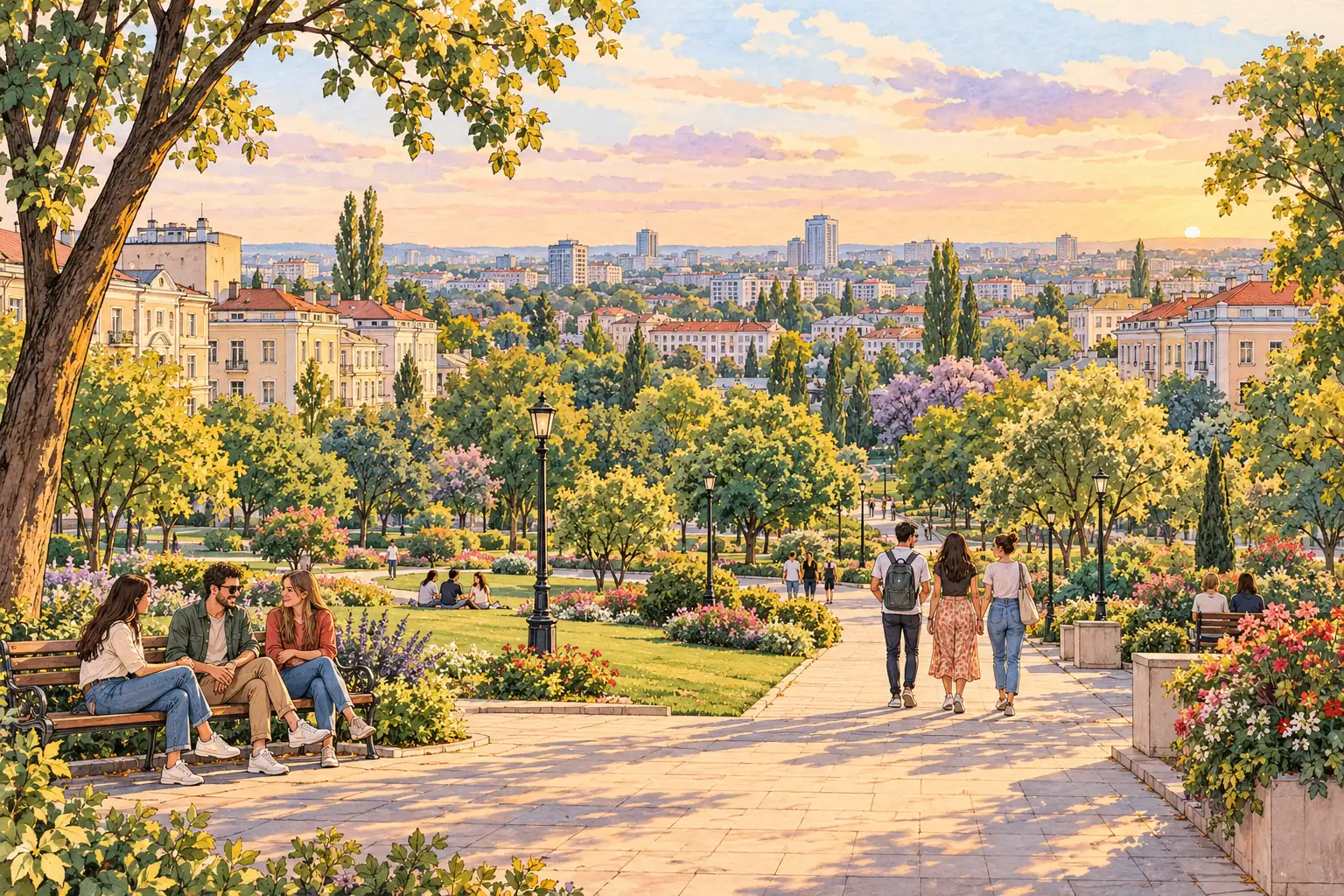 A hand-drawn generic view of Chisinau, with a leafy park, city facades and young adults walking together.