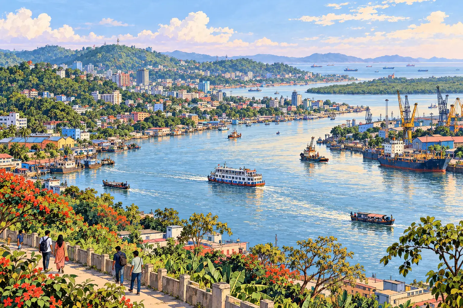 A hand-drawn view of Chittagong’s Karnaphuli River, with the city spread across green hills.