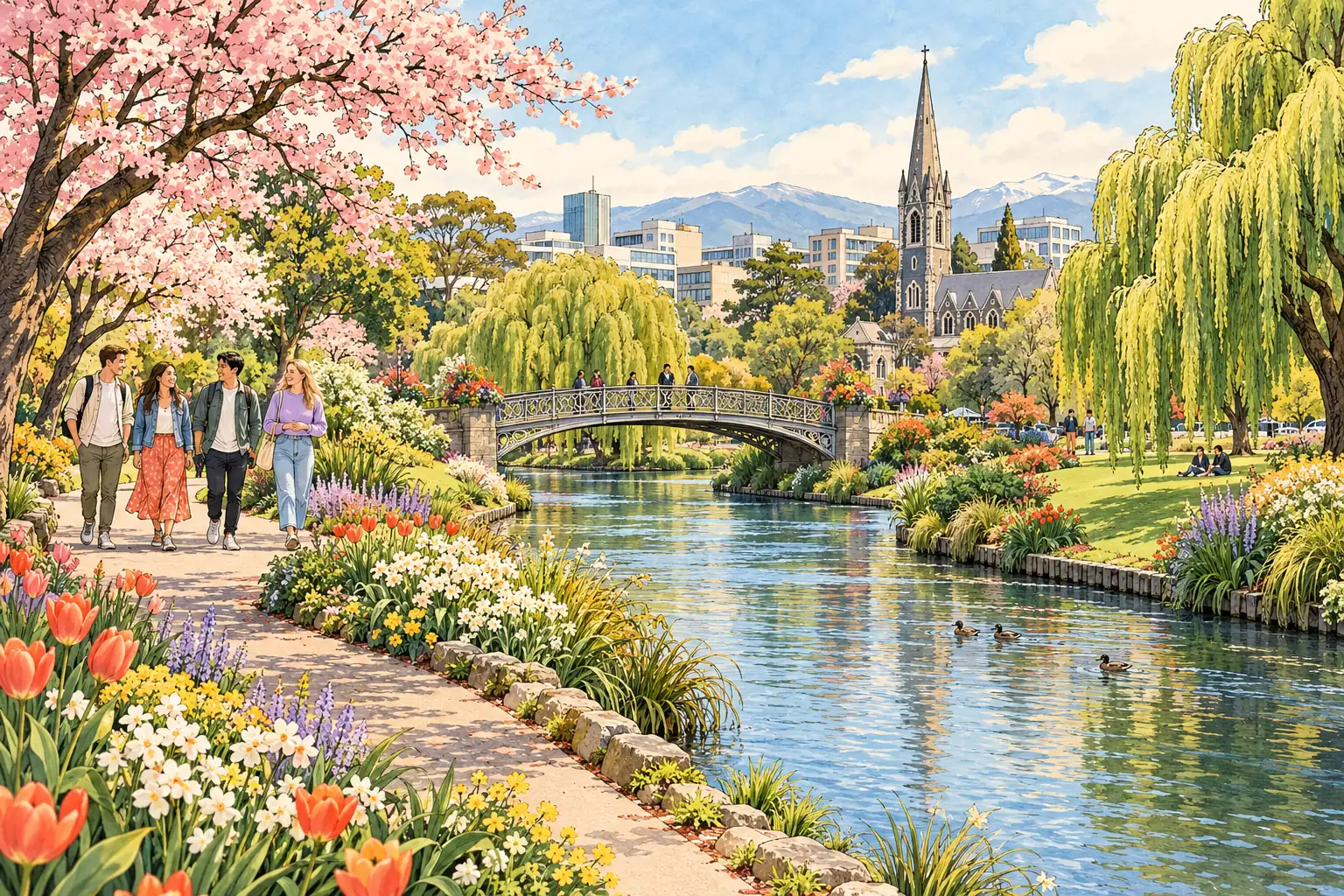 A hand-drawn view of Christchurch’s Avon River and Botanic Gardens, with young adults strolling beside the water.