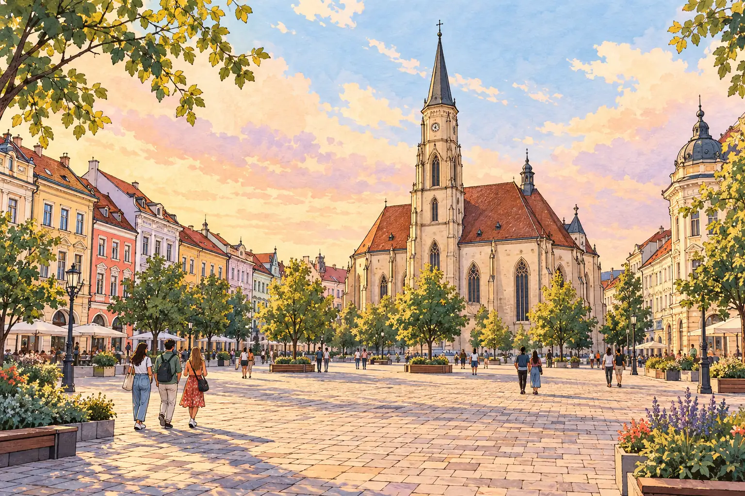 A hand-drawn view of St. Michael’s Church and Union Square in Cluj-Napoca.