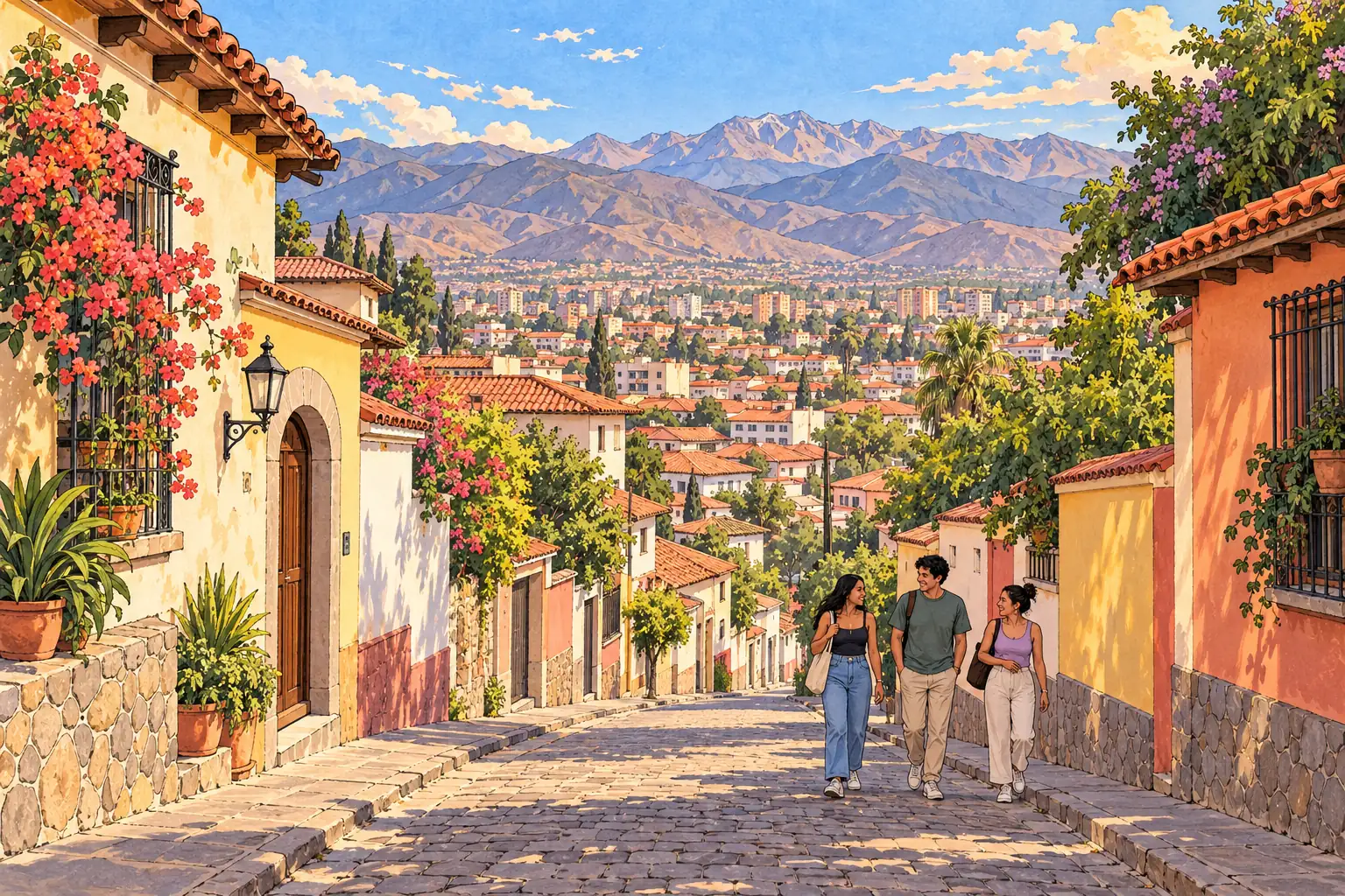 A hand-drawn view of Cochabamba, with local streets, greenery and young adults together.