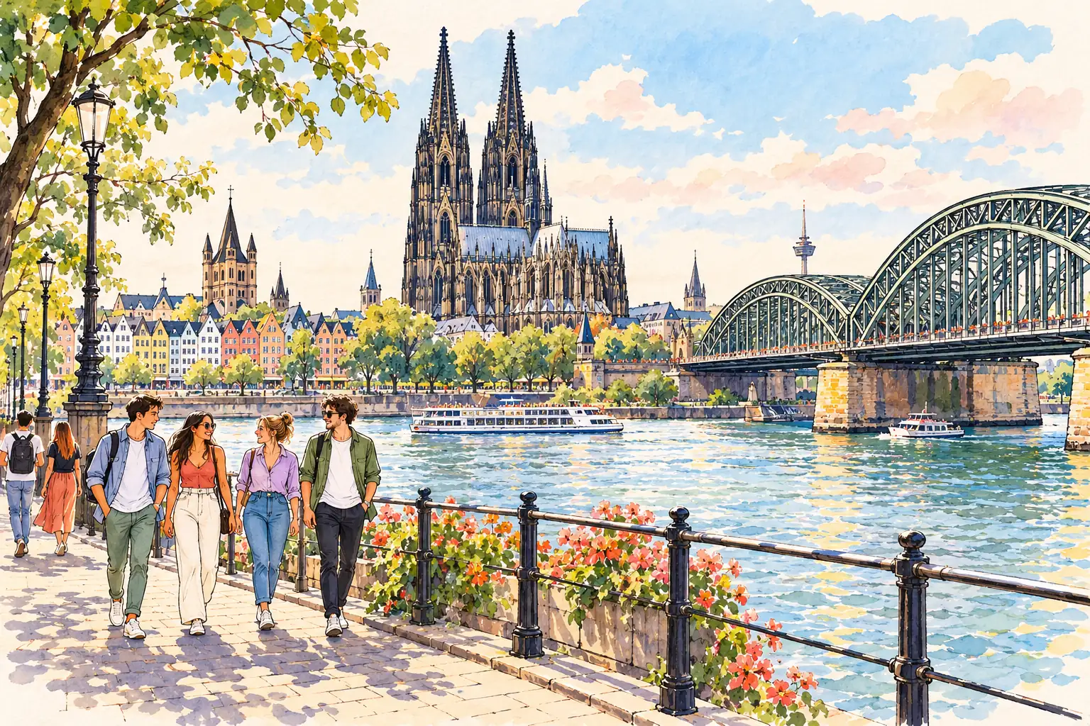 A hand-drawn view of Cologne Cathedral and Hohenzollern Bridge over the Rhine, with young adults on the riverwalk.