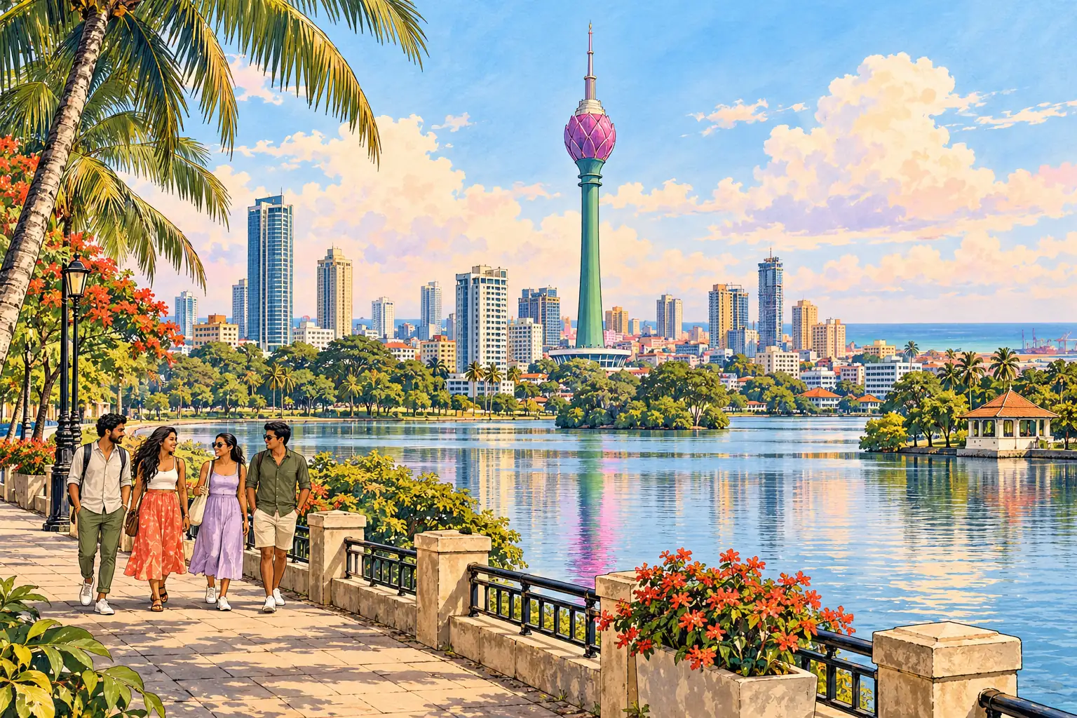 A hand-drawn view of Colombo’s Lotus Tower above Beira Lake, with young adults strolling by the water.