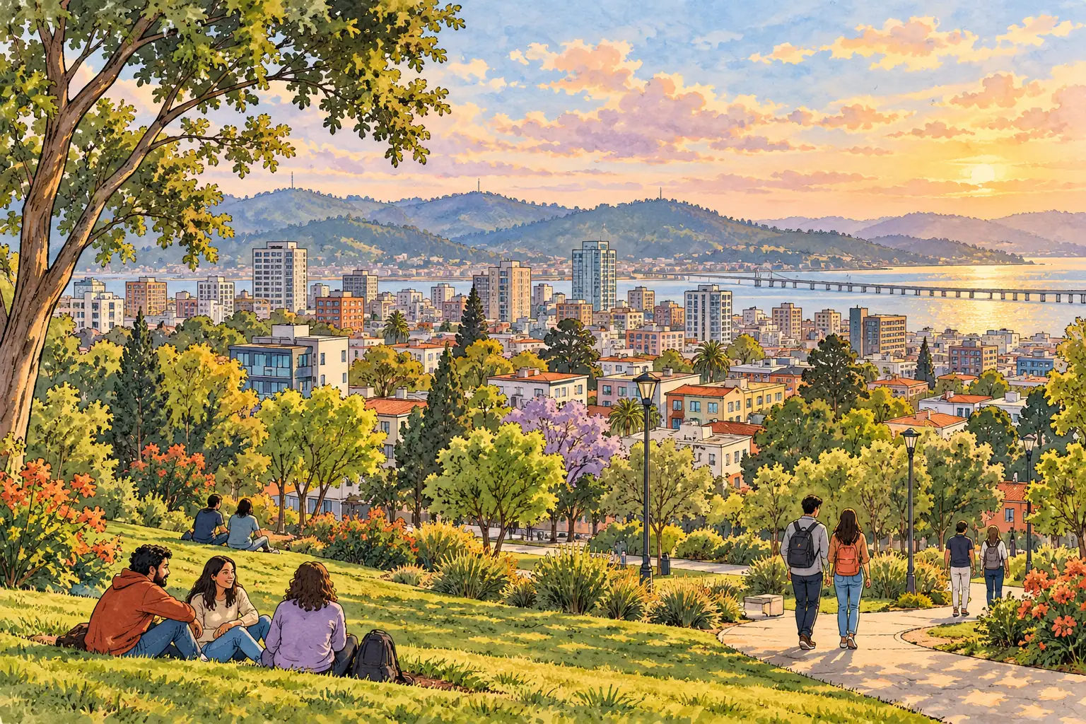 A hand-drawn generic view of Concepción, with leafy parkland, city buildings and young adults walking together.