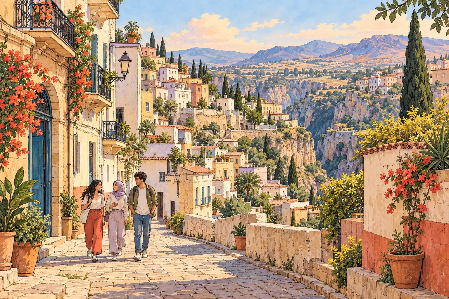 A hand-drawn view of Constantine, with local streets, greenery and young adults together.