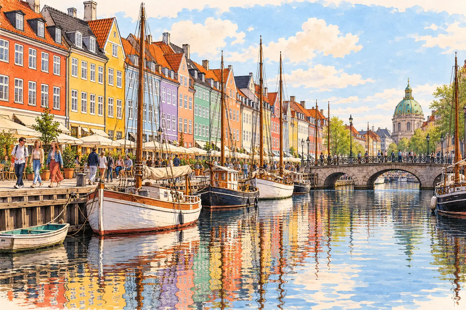 A hand-drawn Copenhagen canal view with Nyhavn’s colorful houses and old sailing boats.