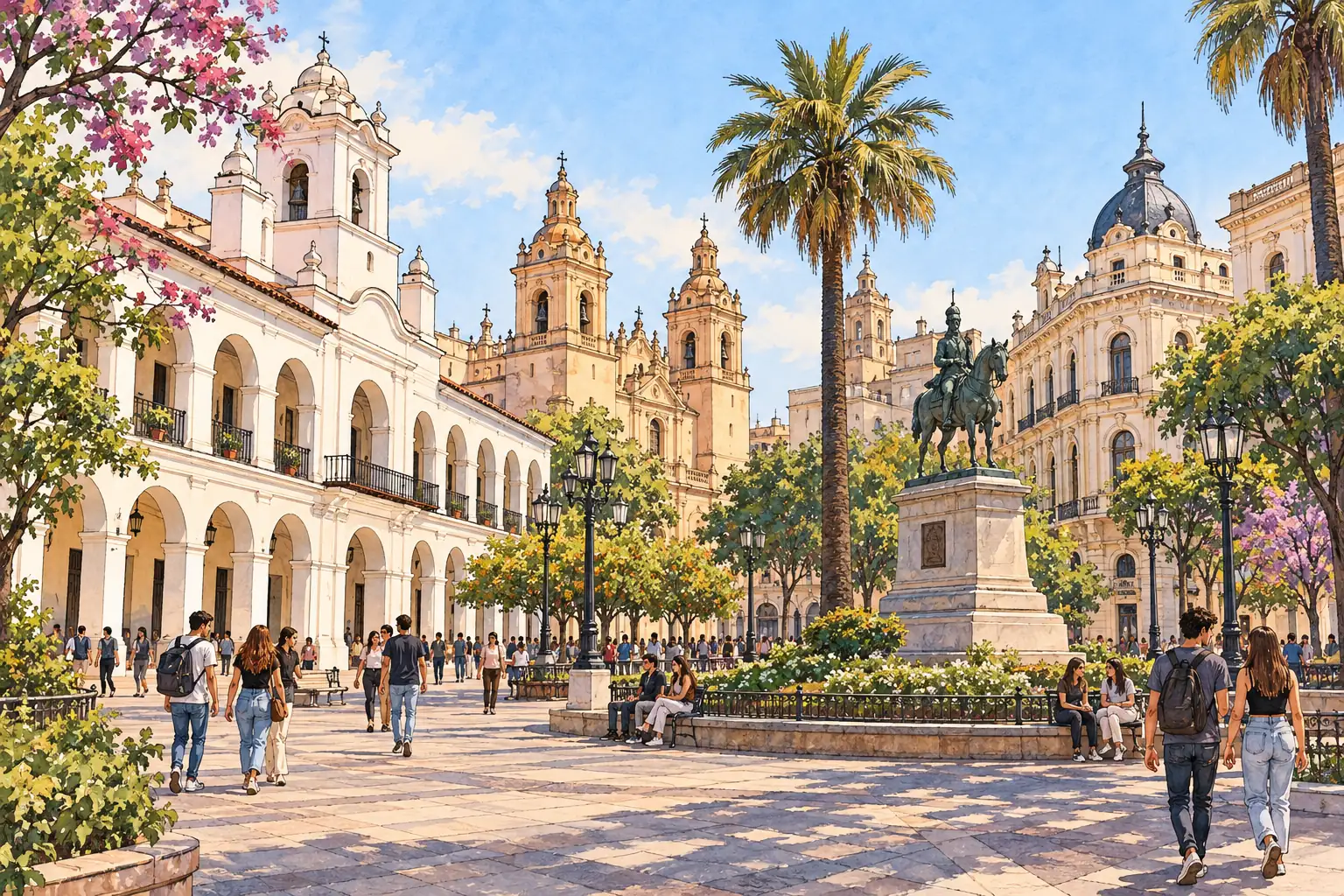 A hand-drawn view of Plaza San Martín and the historic civic buildings of Córdoba, Argentina.