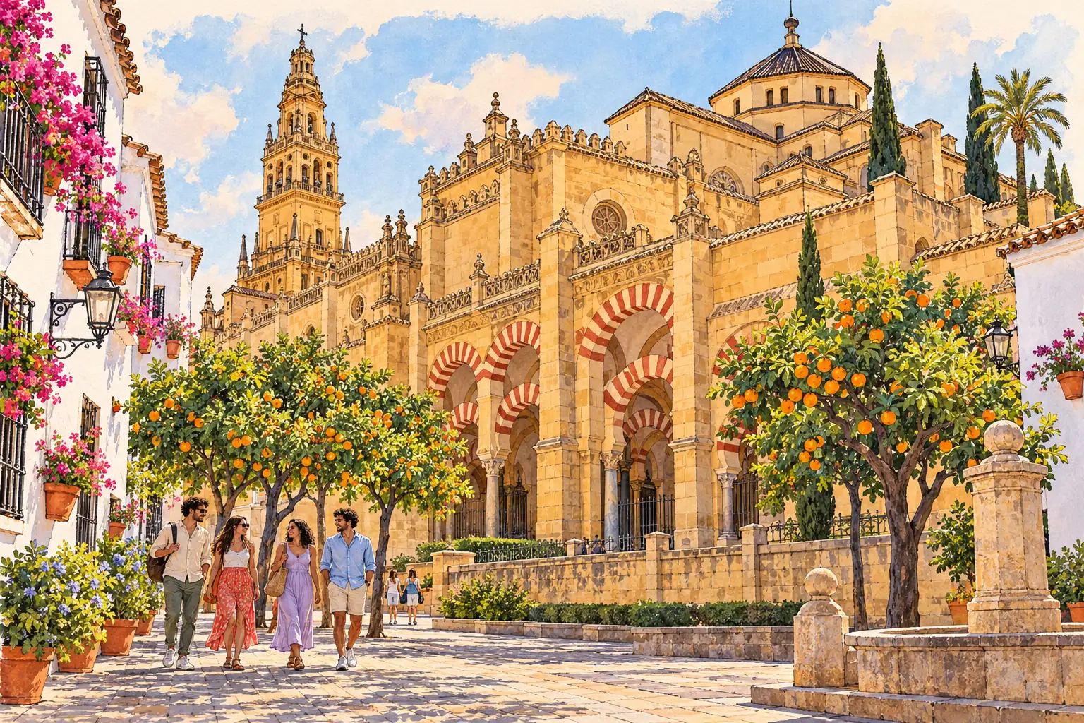 A hand-drawn Córdoba scene with the Mezquita-Catedral arches and orange trees.