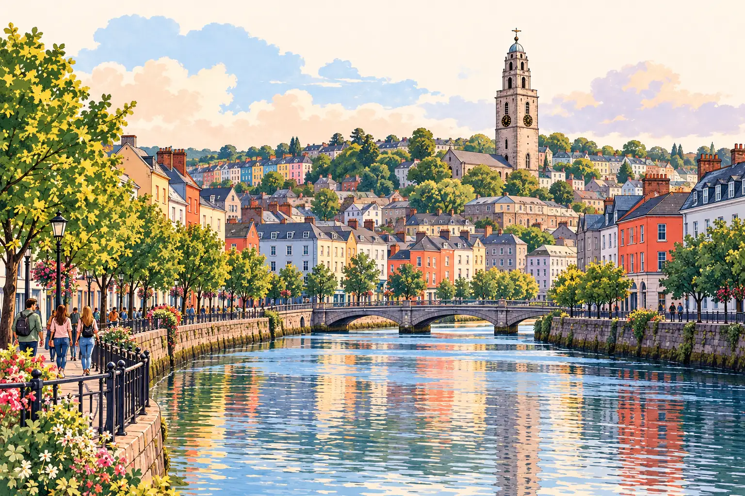 A hand-drawn view of the River Lee, Cork’s Shandon tower and colorful riverside rooftops.