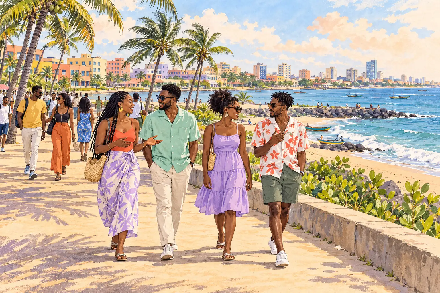 A hand-drawn generic view of Cotonou, with a palm-lined Atlantic promenade and young adults enjoying the coast.