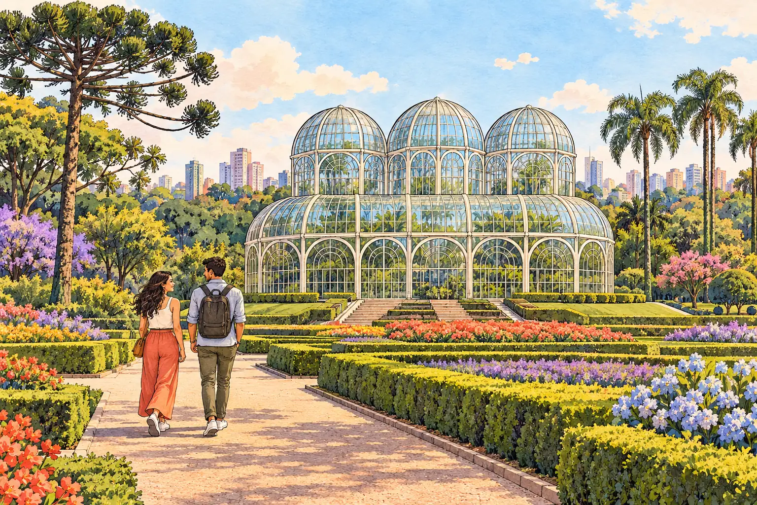 A hand-drawn view of Curitiba’s glass greenhouse in the Botanical Garden, with formal gardens, trees and young adults walking.