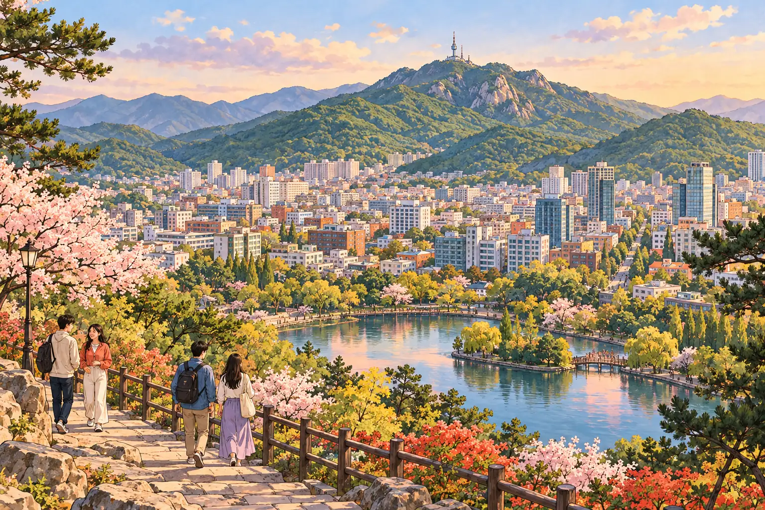 A hand-drawn view of Daegu’s city bowl beneath the green slopes of Apsan.