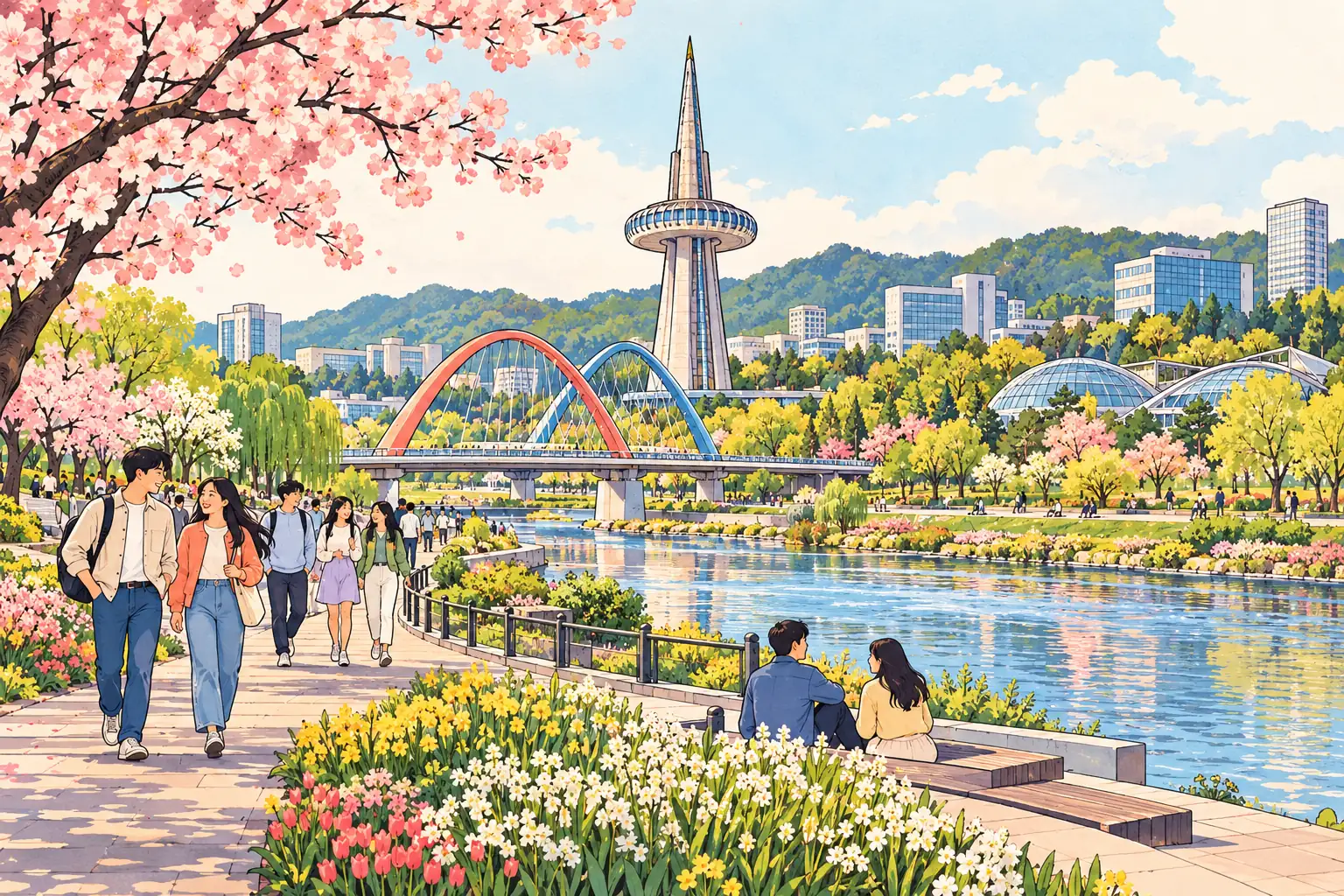 Young adults stroll beside Daejeon’s Expo Bridge and Hanbit Tower along the Gapcheon stream.