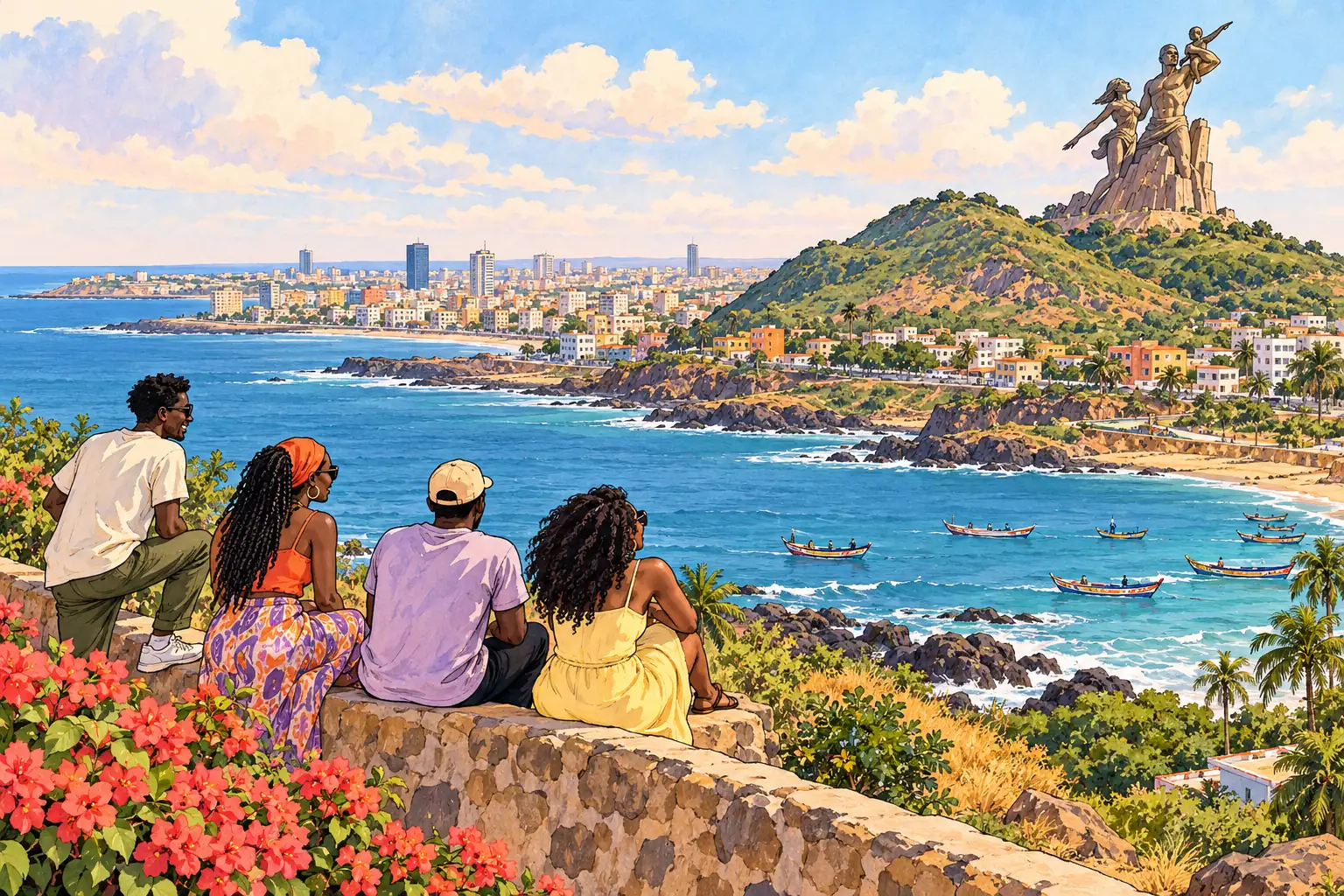 A hand-drawn view of Dakar’s African Renaissance Monument above the Mamelles hills and Atlantic coast, with young adults at a scenic overlook.