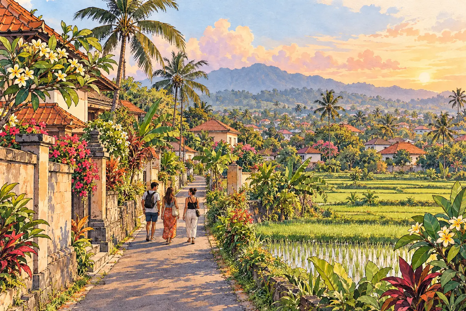 A hand-drawn generic view of Dalung, with young adults walking along a tropical lane beside green rice fields.