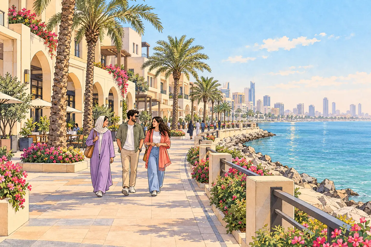 A hand-drawn Dammam waterfront promenade with date palms, pale Gulf city buildings and young adults walking together.