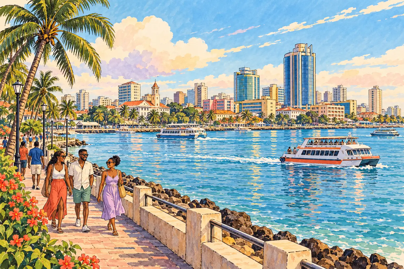 A hand-drawn view of Dar es Salaam’s tropical harbor, with ferries and young adults strolling along the seafront.