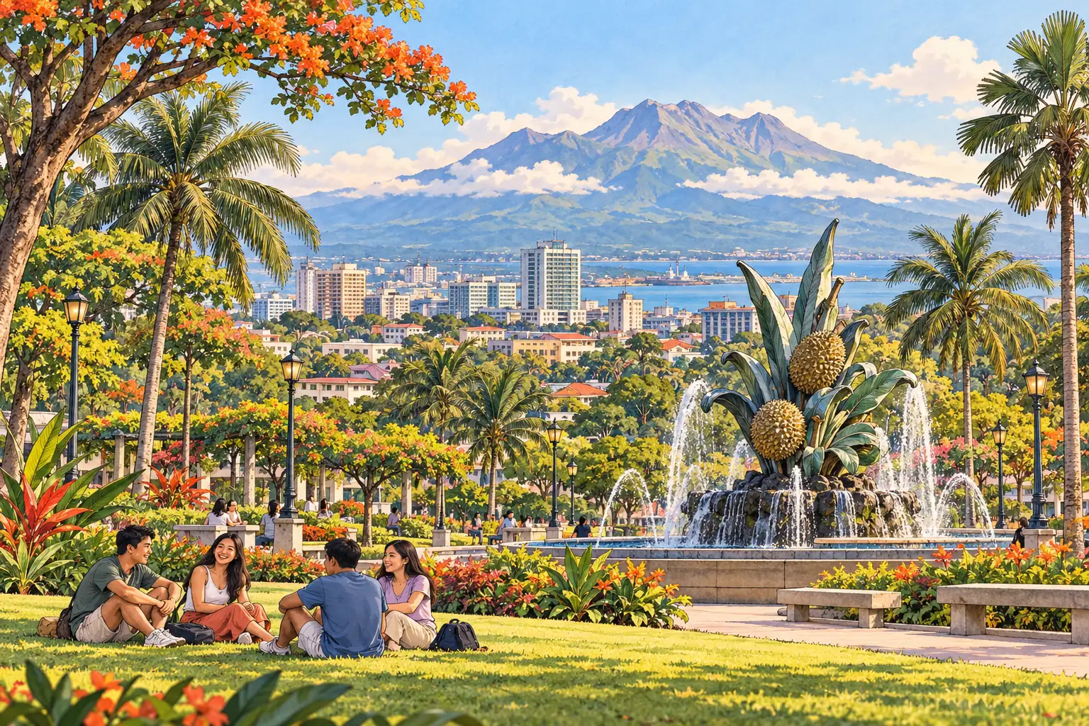 A hand-drawn view of Davao City beneath Mount Apo, with young adults chatting in a tropical park.