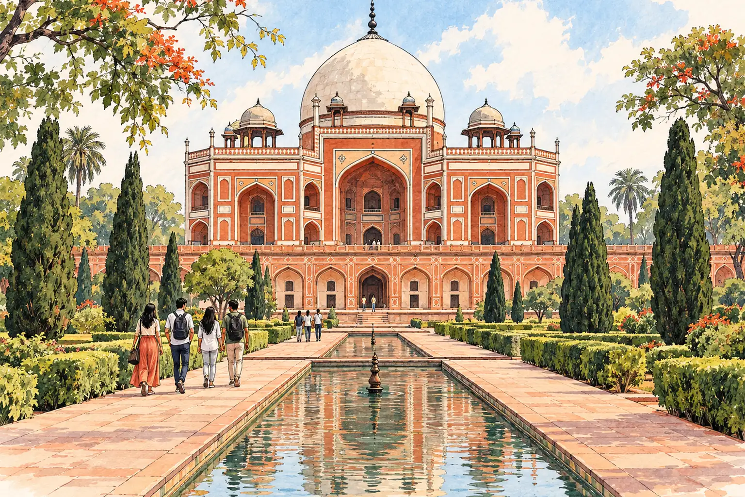 A hand-drawn view of Delhi’s Humayun’s Tomb among formal gardens, with young adults walking by the reflecting pool.