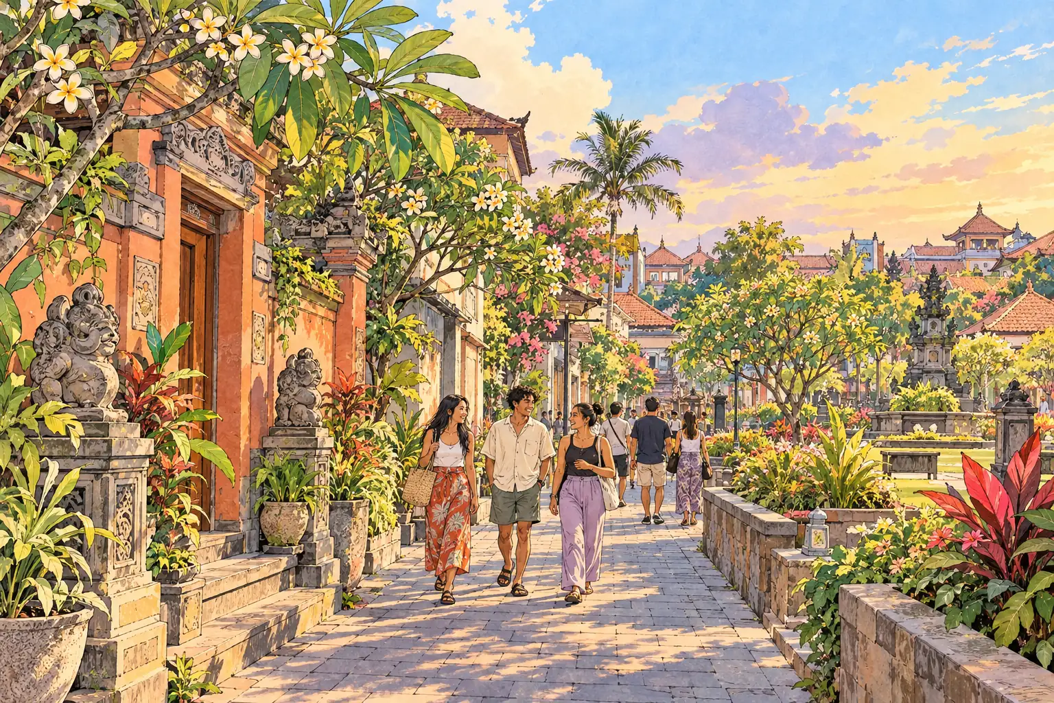 A hand-drawn generic view of Denpasar, with young adults walking along a leafy tropical lane between warm stone facades.