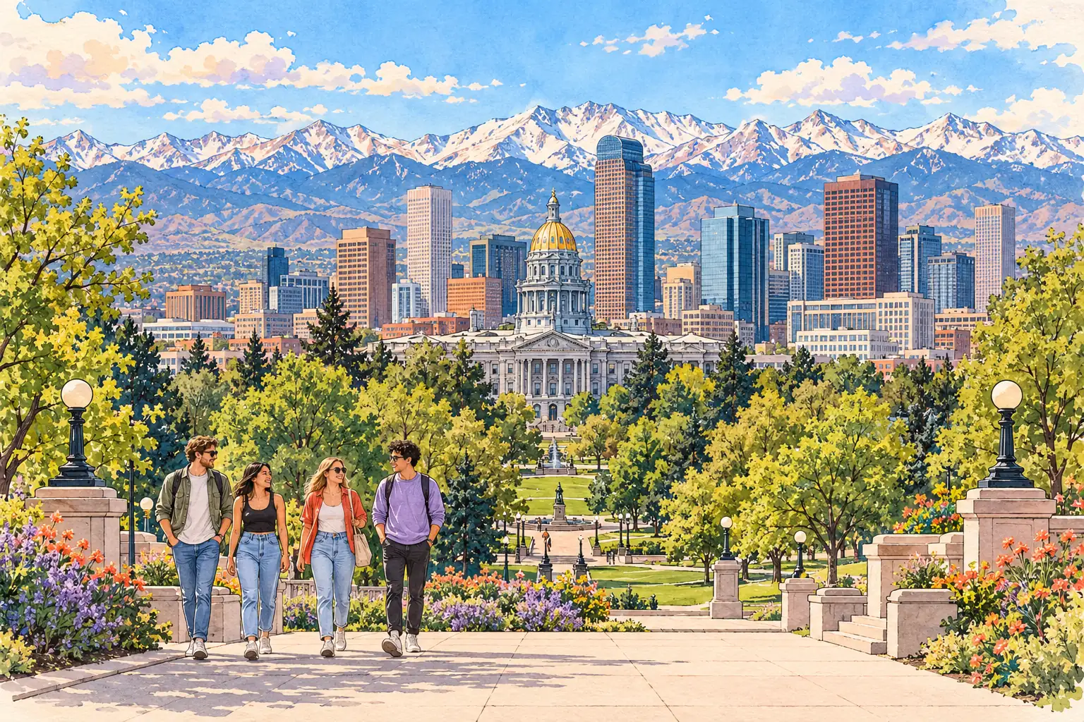 A hand-drawn Denver view with the Capitol dome, downtown and the Rocky Mountain Front Range.