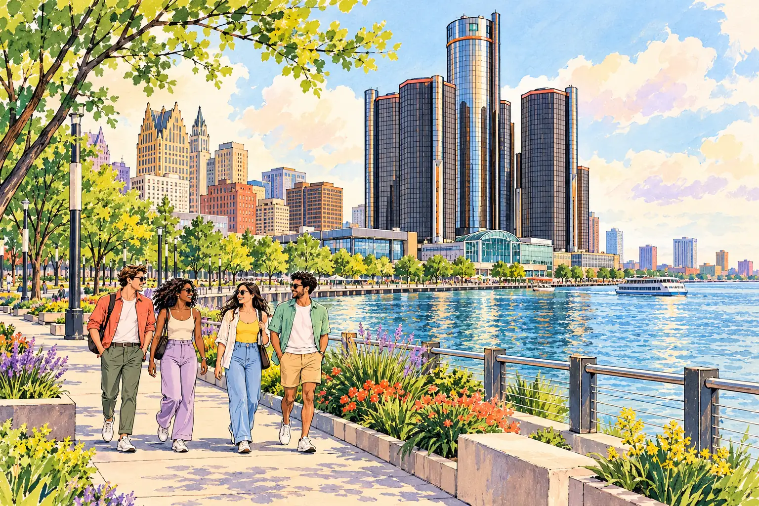 A hand-drawn view of the Detroit Riverfront, Renaissance Center and young adults strolling together.