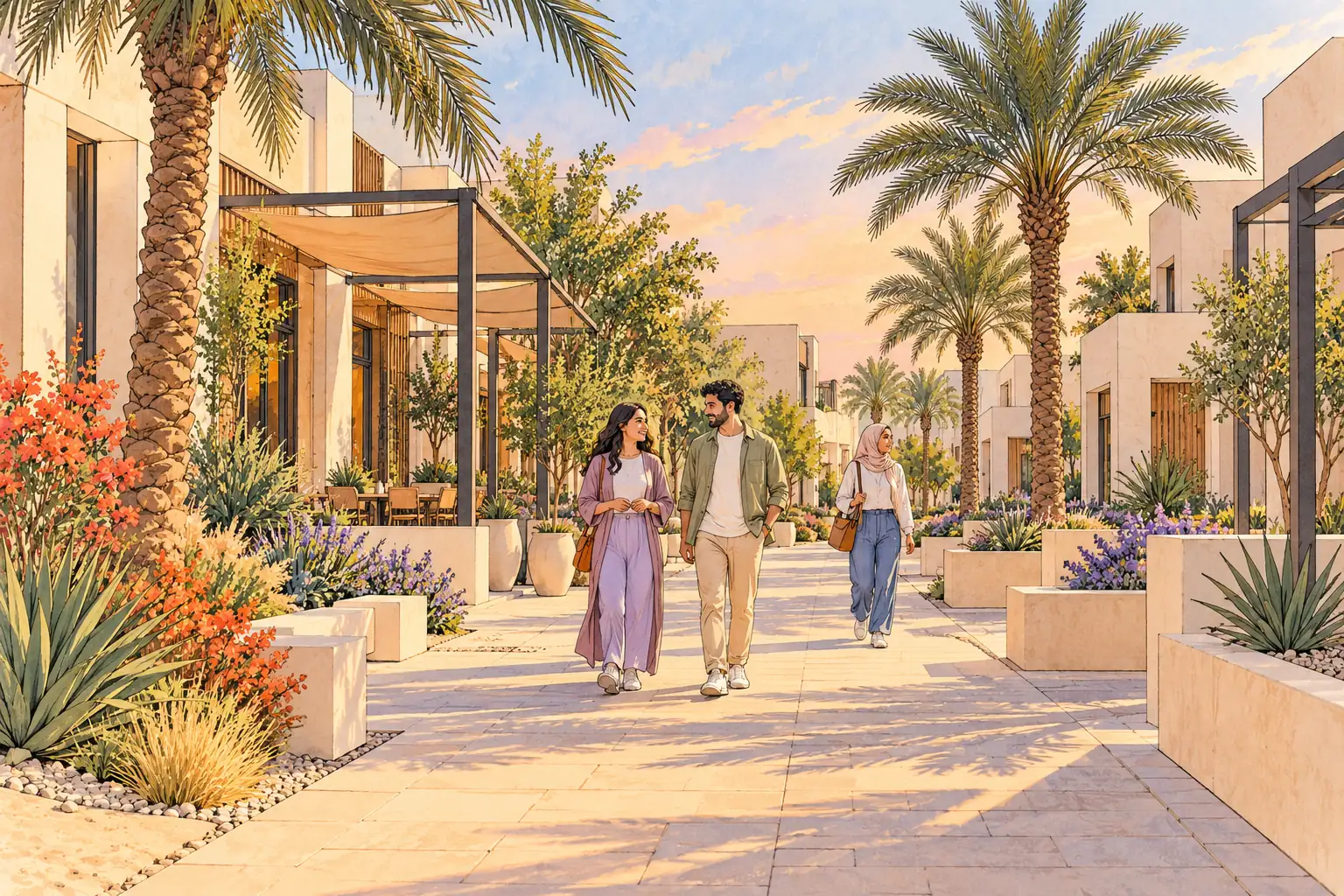 A hand-drawn view of Dhahran, with local streets, greenery and young adults together.