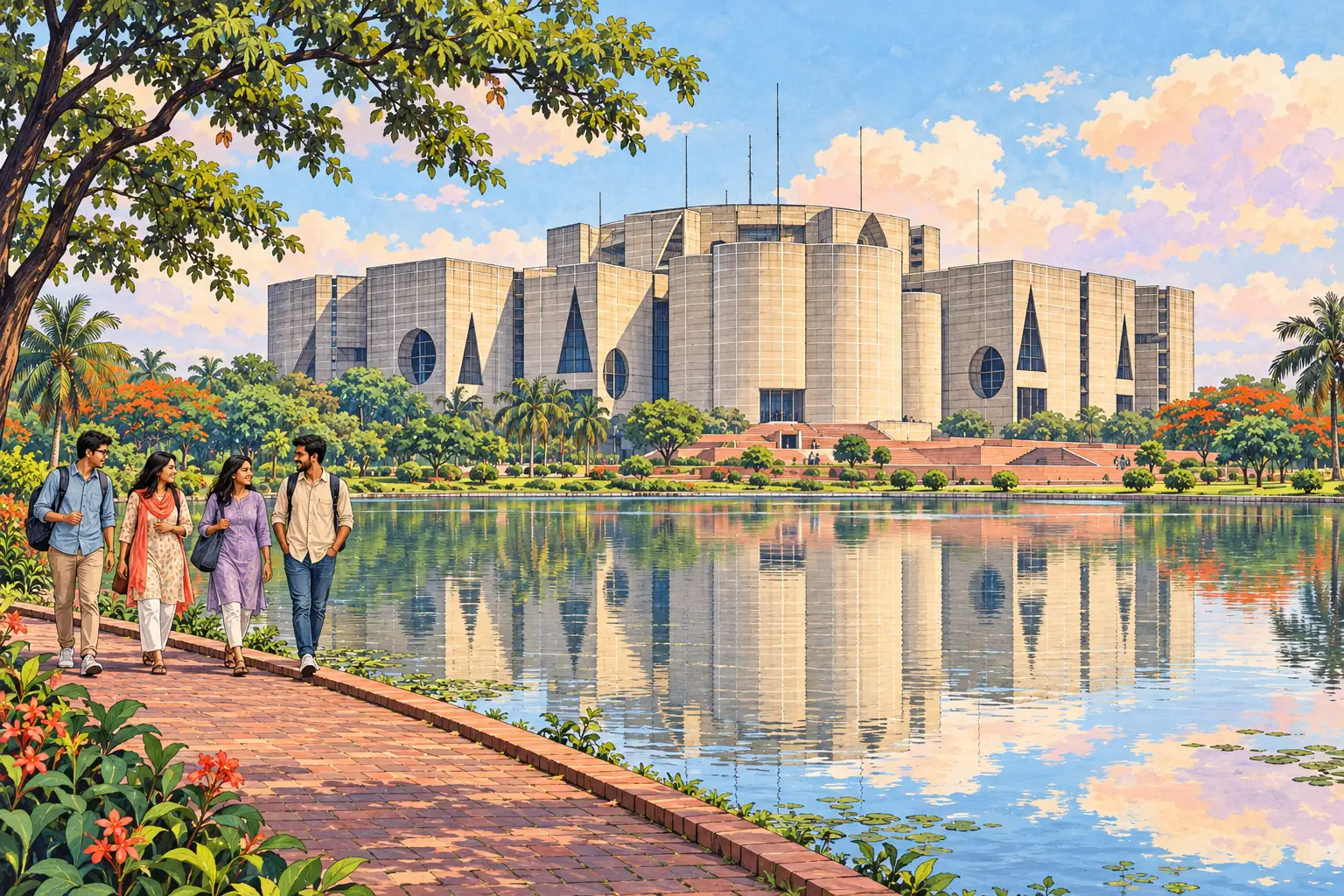 A hand-drawn Dhaka view of Jatiya Sangsad Bhaban reflected in its lake.