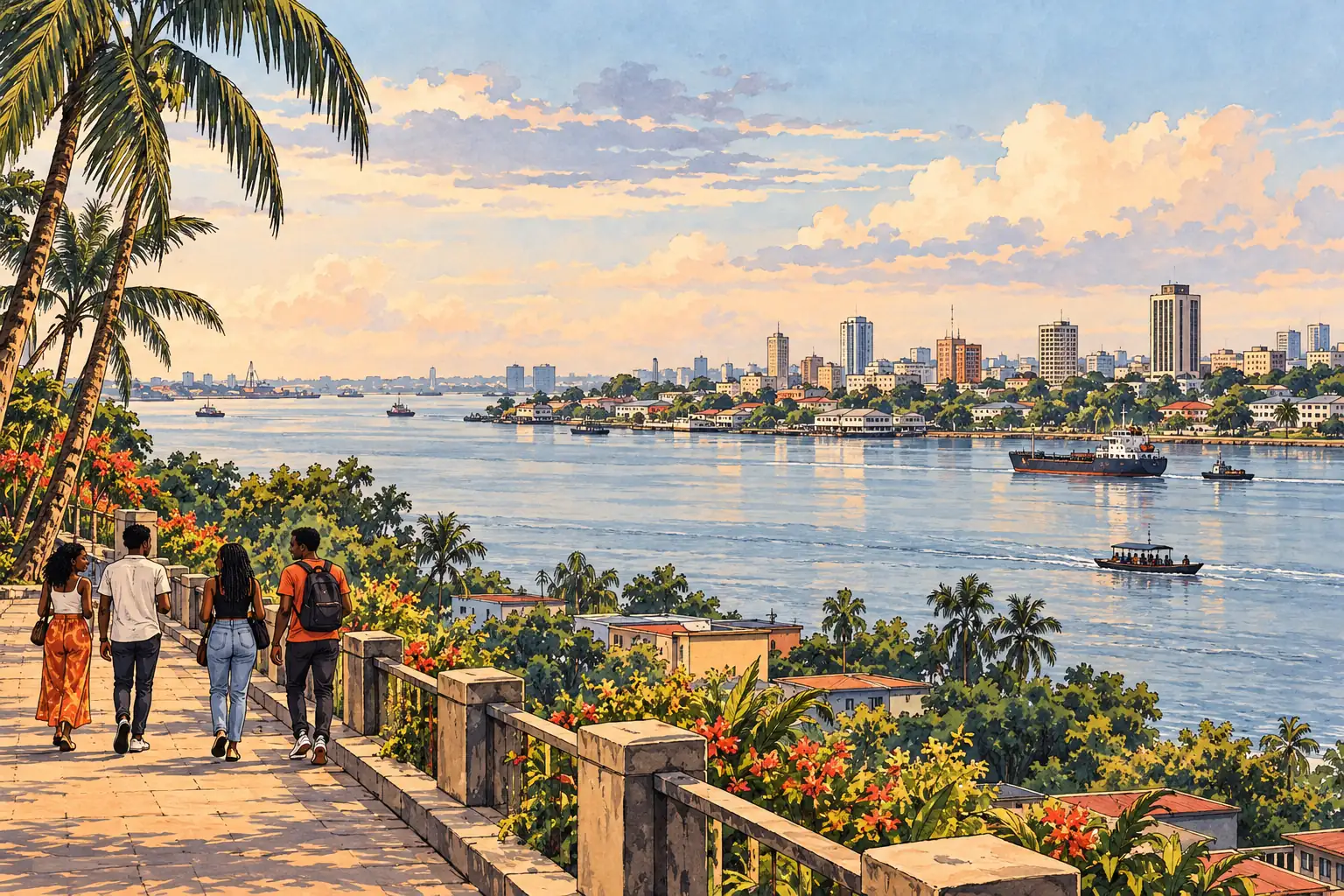 A hand-drawn regional view of the Wouri River estuary beside Douala’s tropical coastal cityscape.